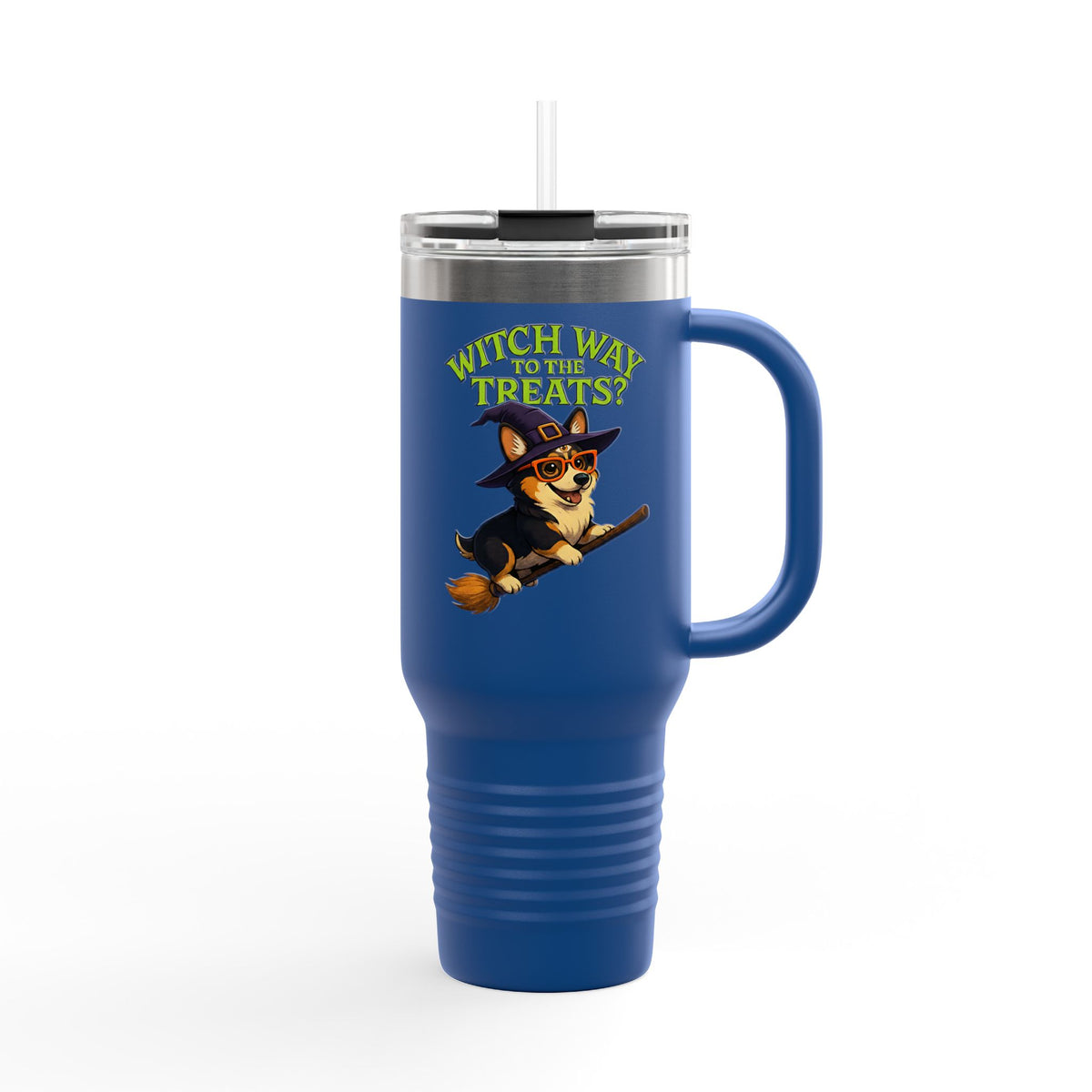 Witchy Corgi Insulated Travel Mug | Halloween Corgi Cup, Funny Dog Travel Mug, Fall Beverage Holder, Gift for Dog Lovers