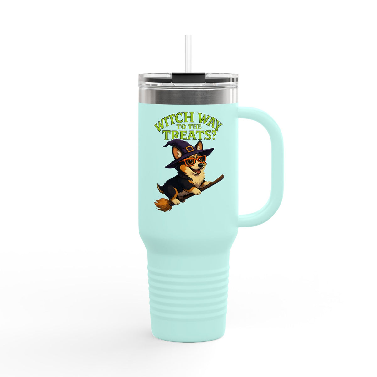 Witchy Corgi Insulated Travel Mug | Halloween Corgi Cup, Funny Dog Travel Mug, Fall Beverage Holder, Gift for Dog Lovers