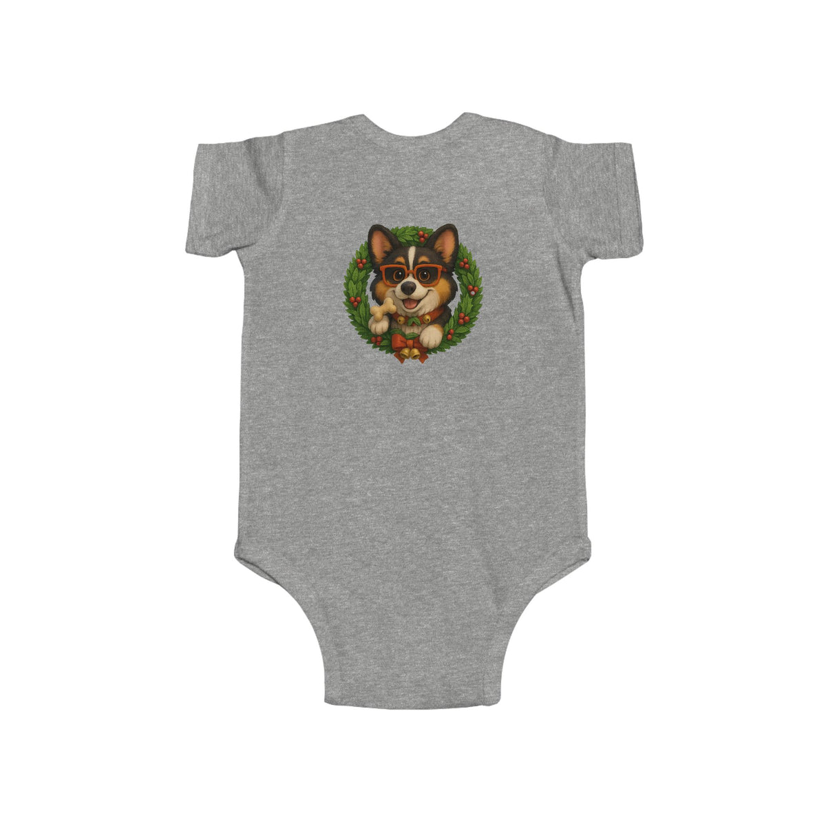 Baby Onesie with Corgi in Christmas Wreath – Holiday Infant Bodysuit