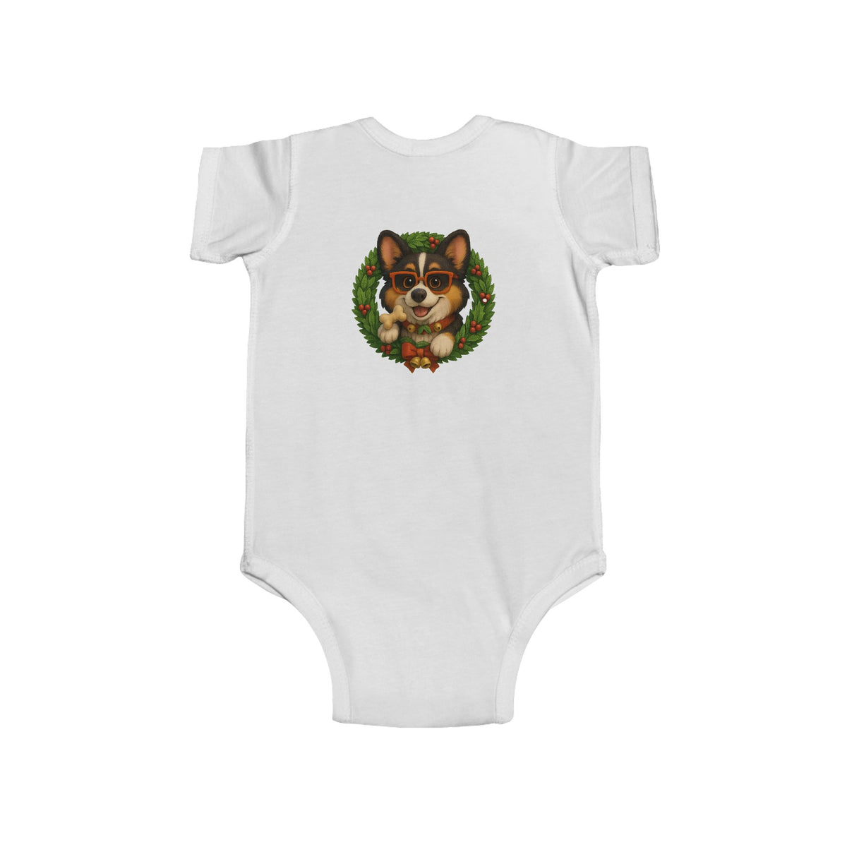 Baby Onesie with Corgi in Christmas Wreath – Holiday Infant Bodysuit