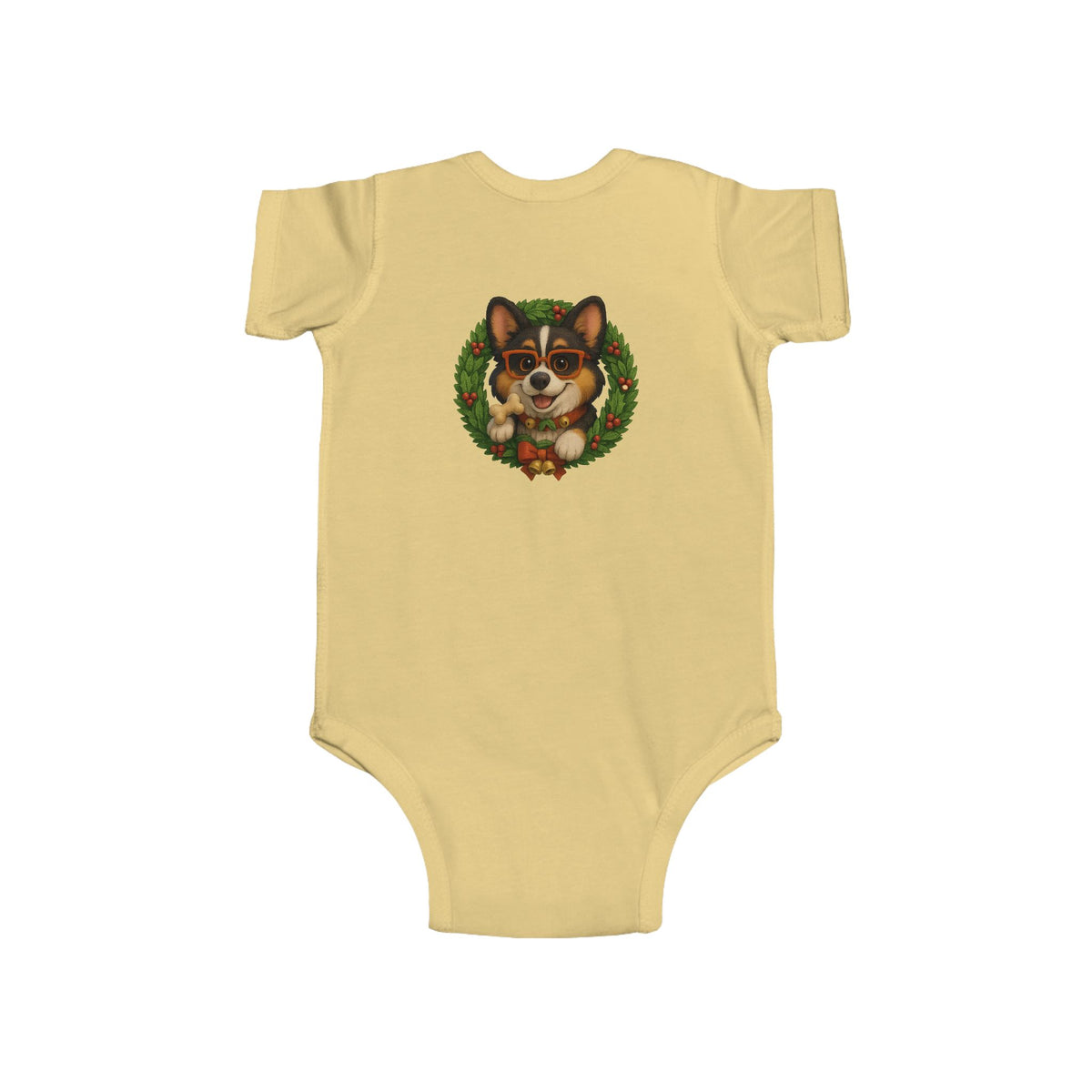 Baby Onesie with Corgi in Christmas Wreath – Holiday Infant Bodysuit