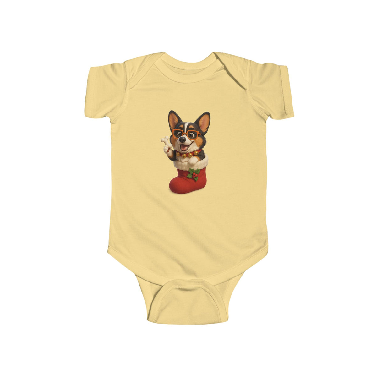 Baby Bodysuit — Cute Corgi in Christmas Stocking Infant Onesie