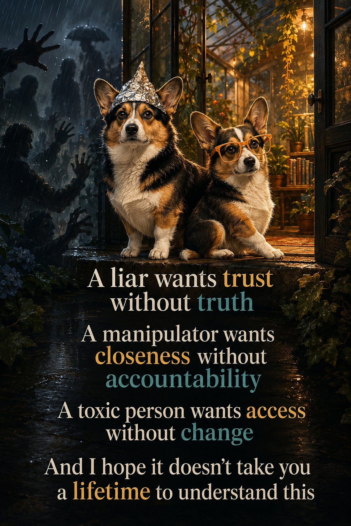 Corgi wall art print: "A liar wants trust without truth / A manipulator wants closeness without accountability / A toxic…"