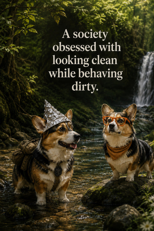 Corgi wall art print: "A society obsessed with looking clean while behaving dirty."