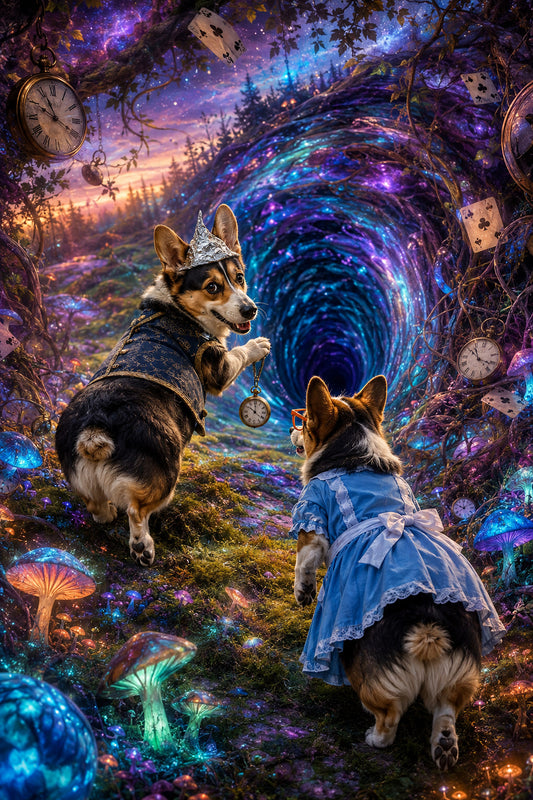 Corgi tumbling down an Alice-in-Wonderland rabbit hole, no text