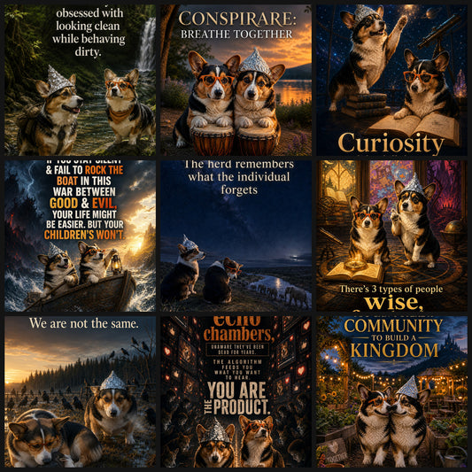Grid preview of the Question Everything corgi art collection
