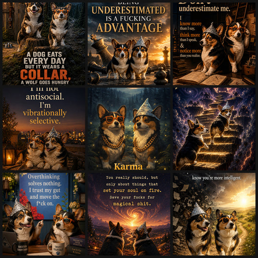 Grid preview of the Unbothered corgi art collection