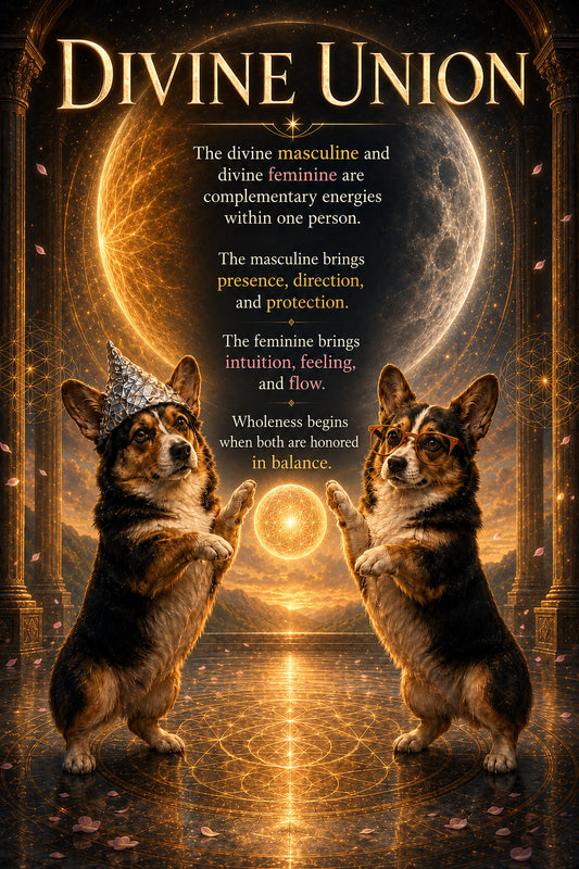 Corgi wall art print: "DIVINE UNION — The divine masculine and divine feminine are complementary energies within one person…"