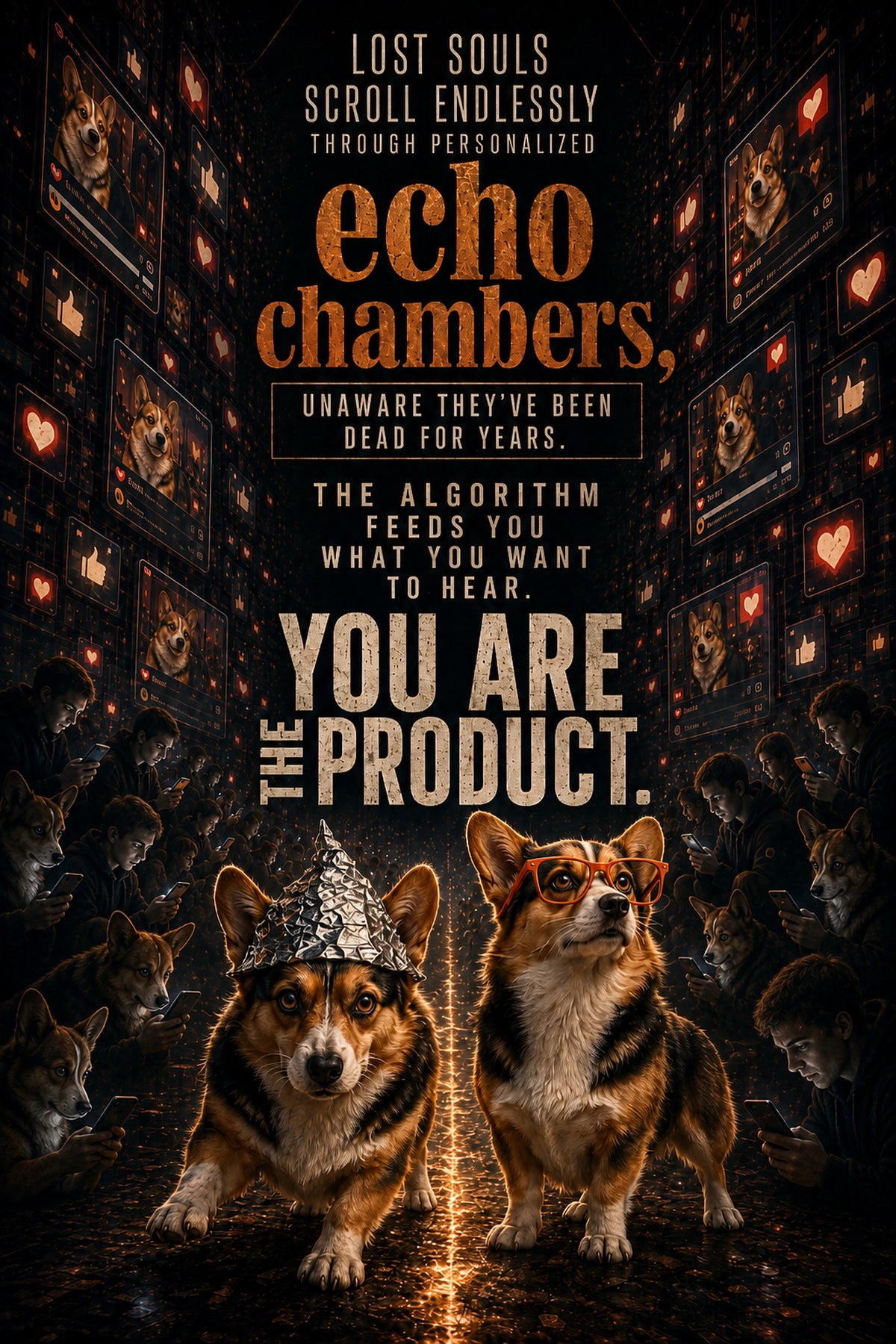 Corgi wall art print: "Lost souls scroll endlessly through personalized echo chambers, unaware they've been dead for years…"