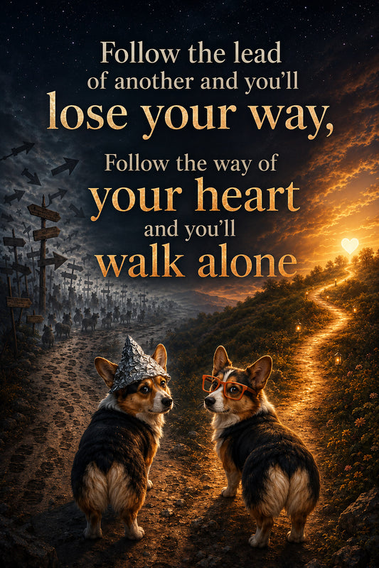 Corgi wall art print: "Follow the lead of another and you'll lose your way. Follow the way of your heart and you'll walk…"