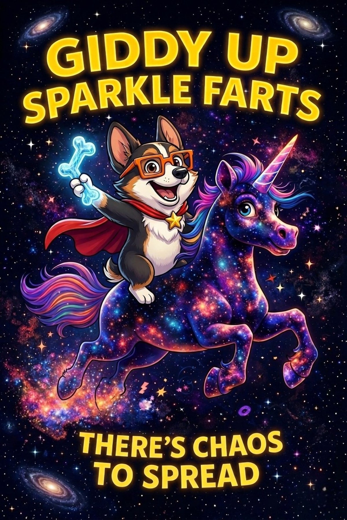 Corgi wall art print: "GIDDY UP SPARKLE FARTS — There's chaos to spread"