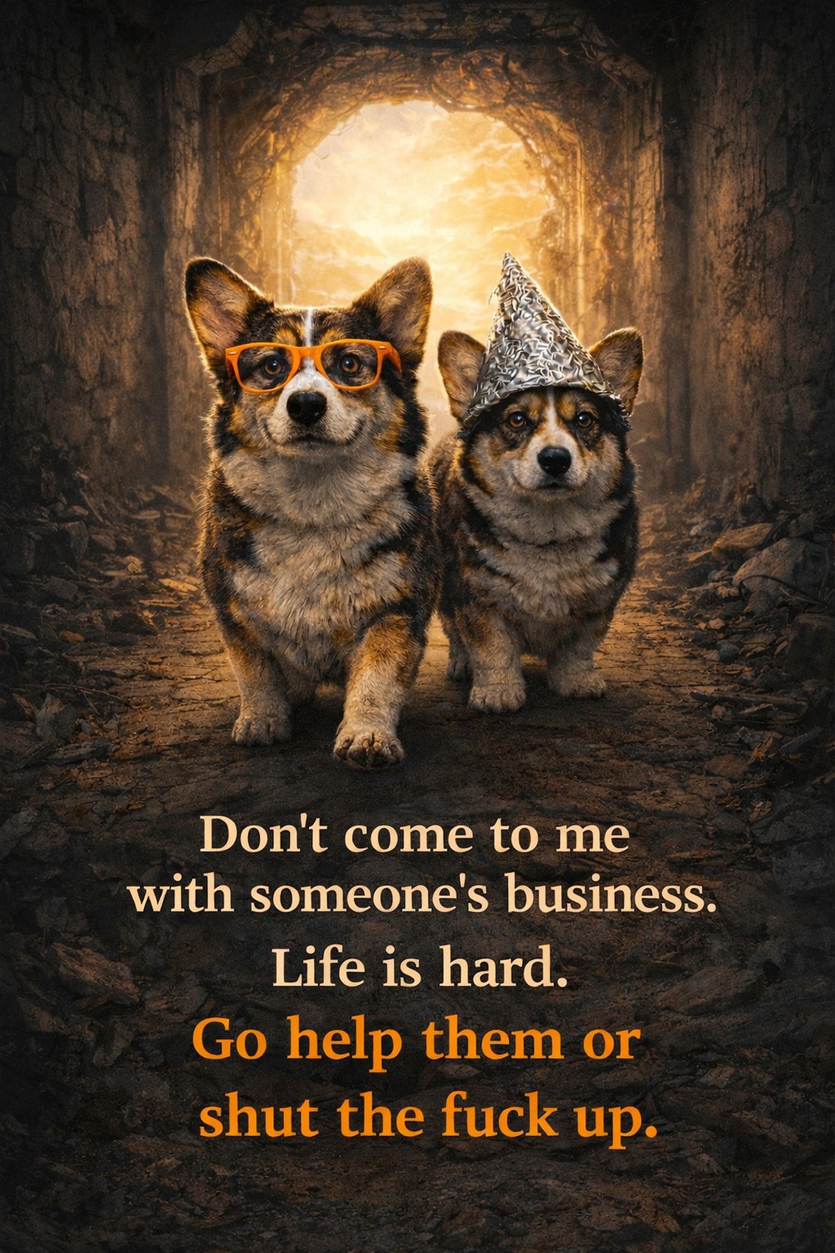Corgi wall art print: "Don't come to me with someone's business. Life is hard. Go help them or shut the fuck up."