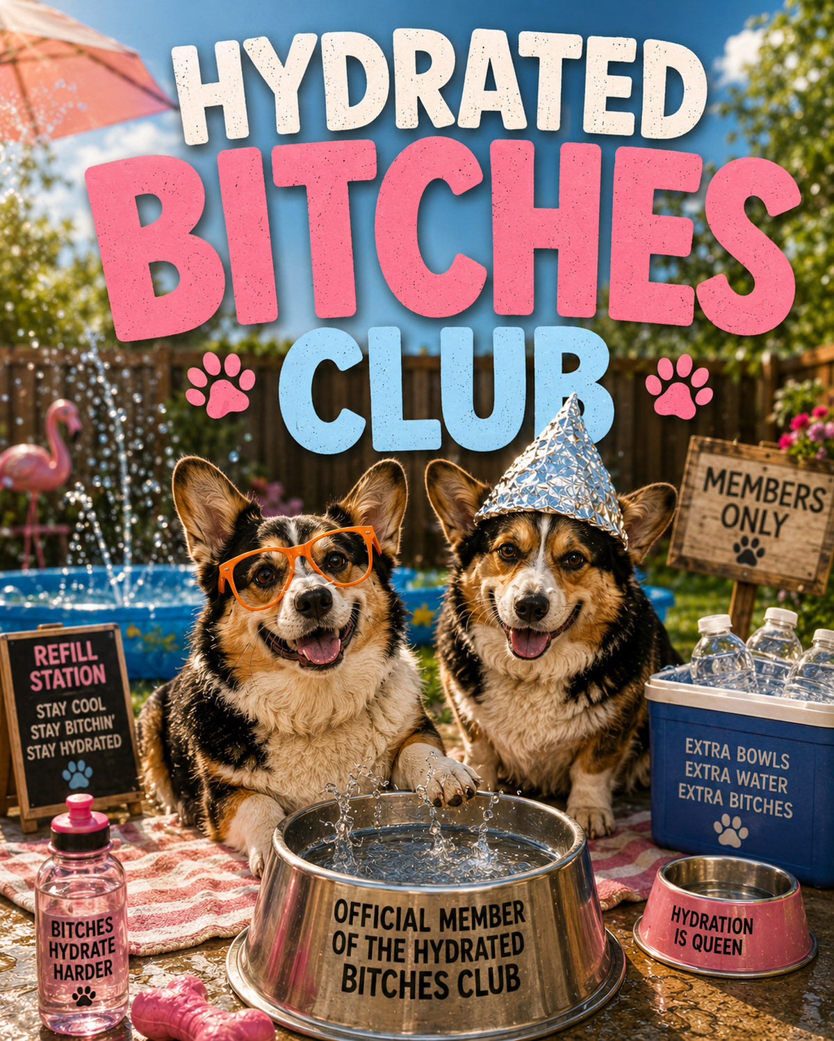 Corgi wall art print: "HYDRATED BITCHES CLUB — Official member of the Hydrated Bitches Club"