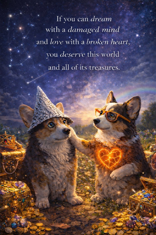 Corgi wall art print: "If you can dream with a damaged mind and love with a broken heart, you deserve this world and all of…"
