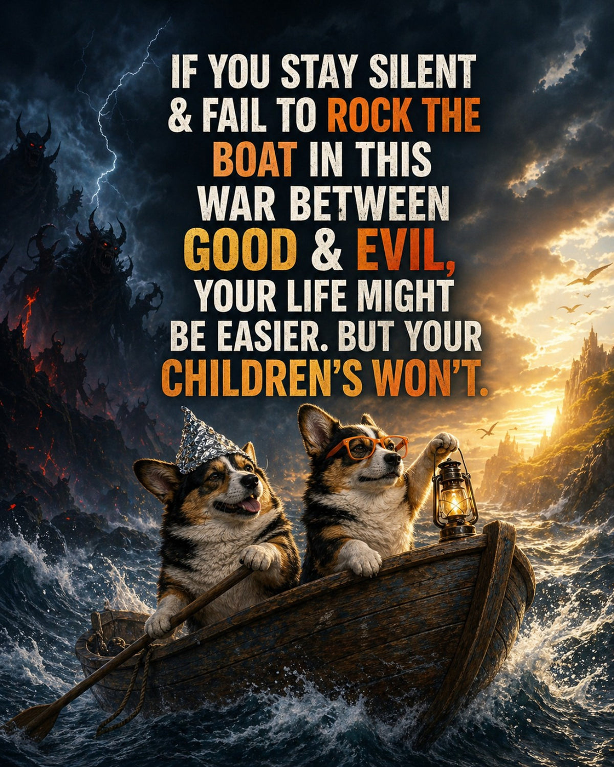 Corgi wall art print: "If you stay silent & fail to rock the boat in this war between good & evil, your life might be…"