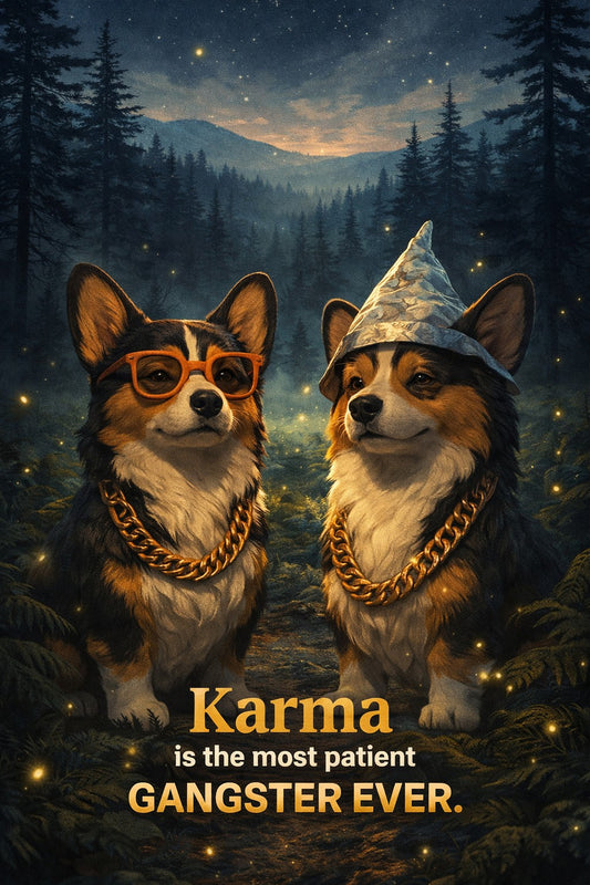 Corgi wall art print: "Karma is the most patient GANGSTER EVER."