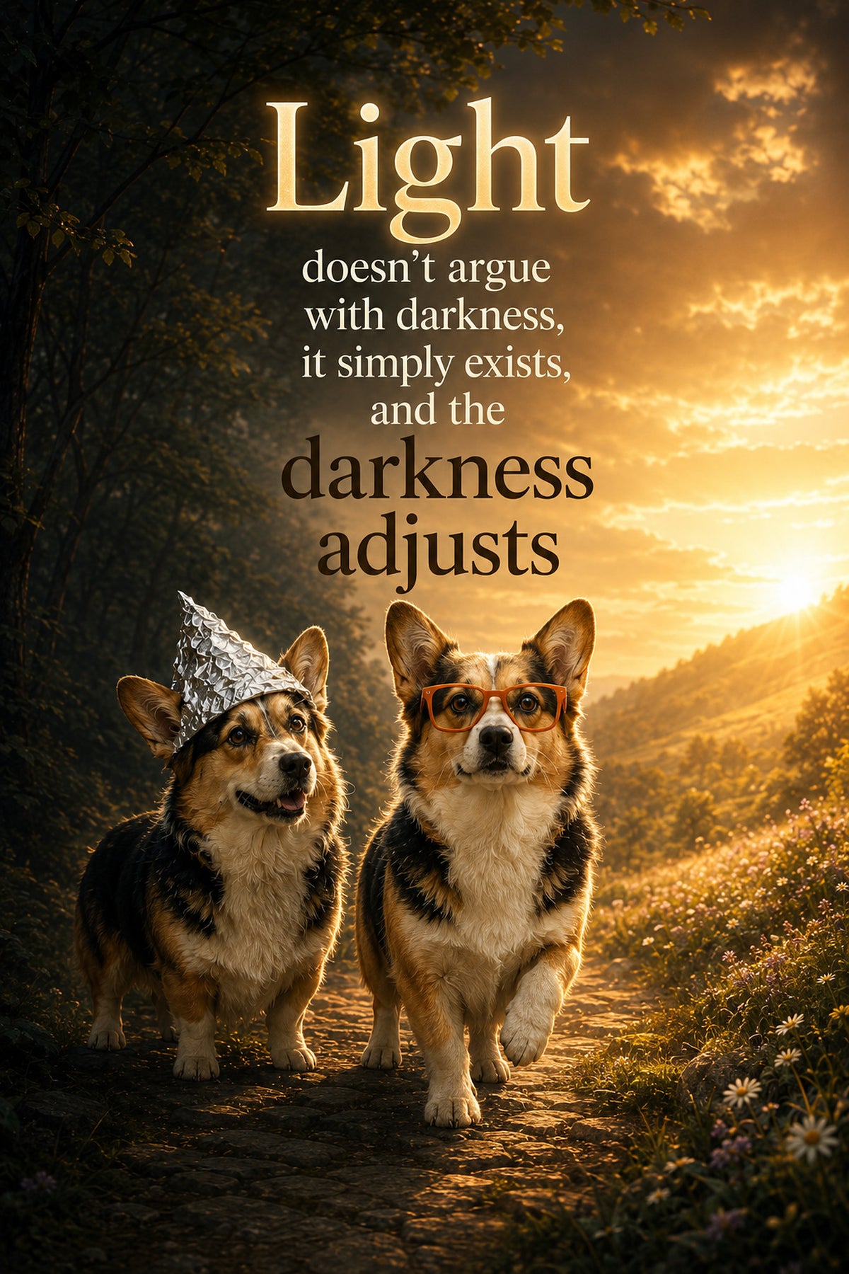 Corgi wall art print: "Light doesn't argue with darkness, it simply exists, and the darkness adjusts"