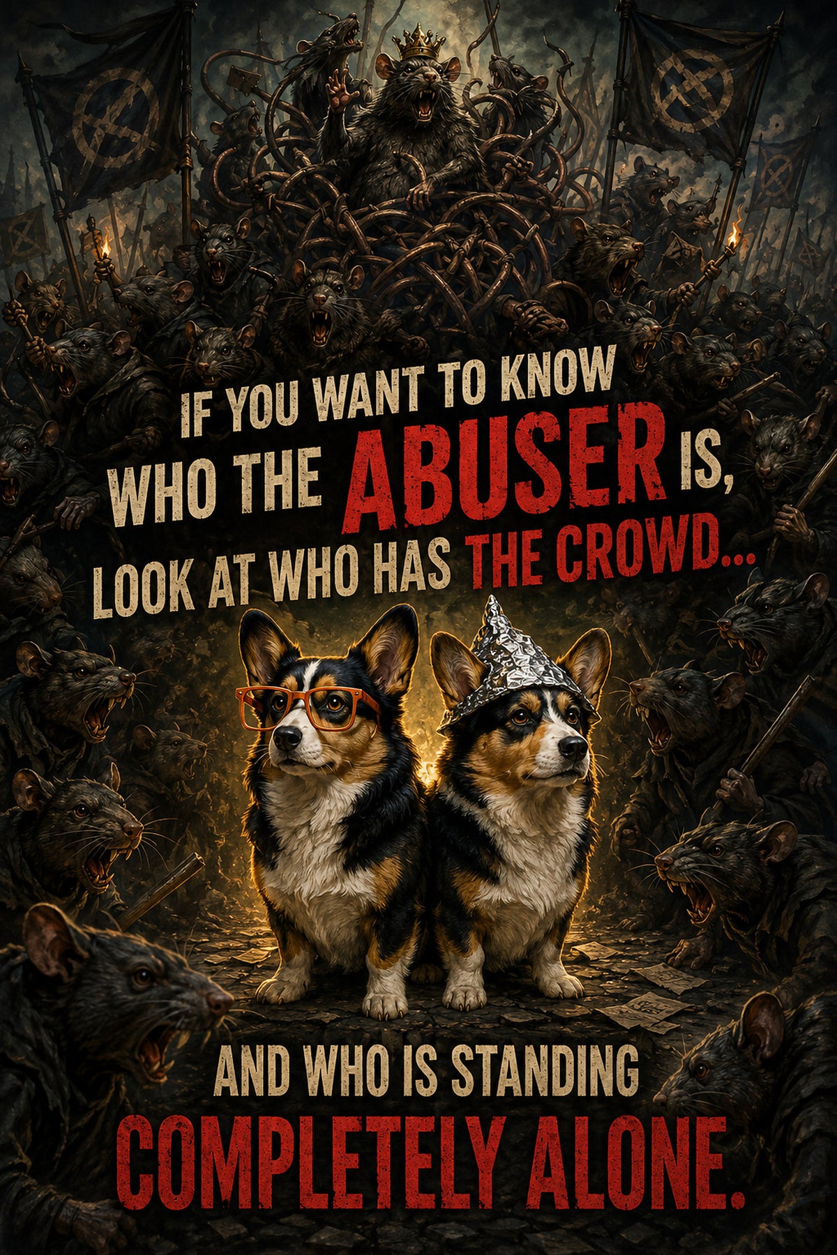 Corgi wall art print: "If you want to know who the abuser is, look at who has the crowd… and who is standing completely…"