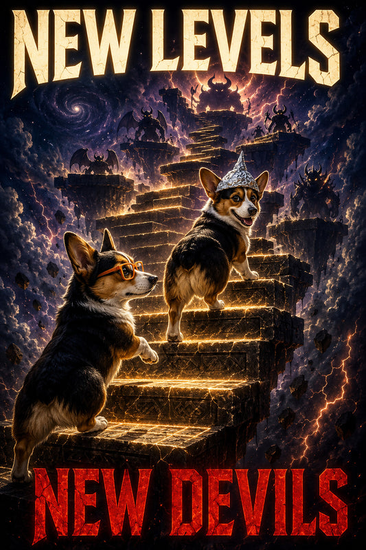 Corgi wall art print: "NEW LEVELS / NEW DEVILS"