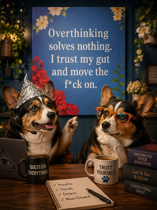 Corgi wall art print: "Overthinking solves nothing. I trust my gut and move the f*ck on."