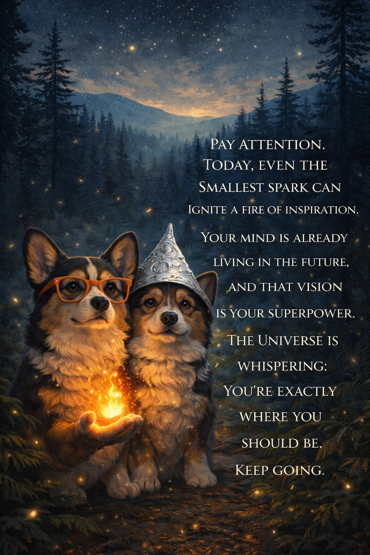 Corgi wall art print: "Pay attention. Today, even the smallest spark can ignite a fire of inspiration…"
