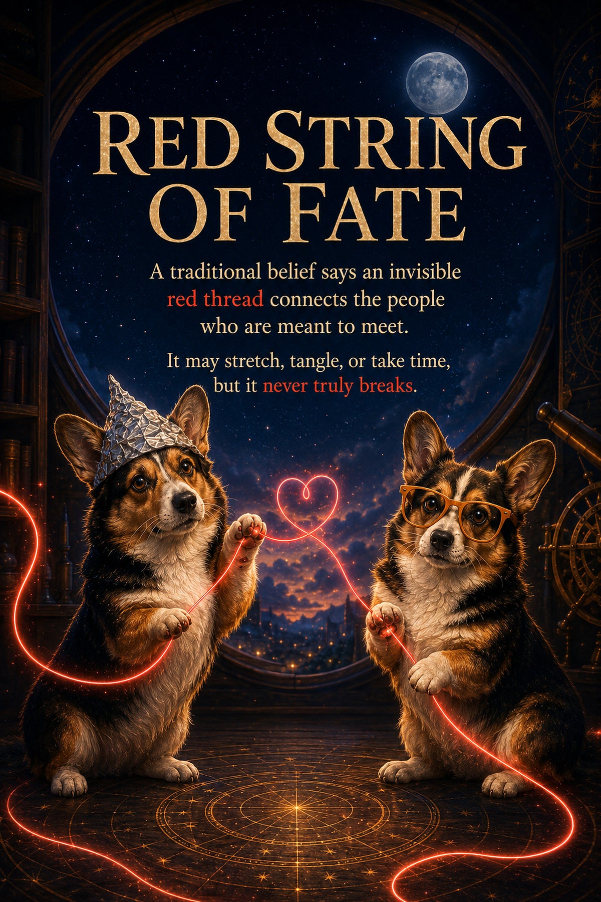 Corgi wall art print: "RED STRING OF FATE — A traditional belief says an invisible red thread connects the people who are…"