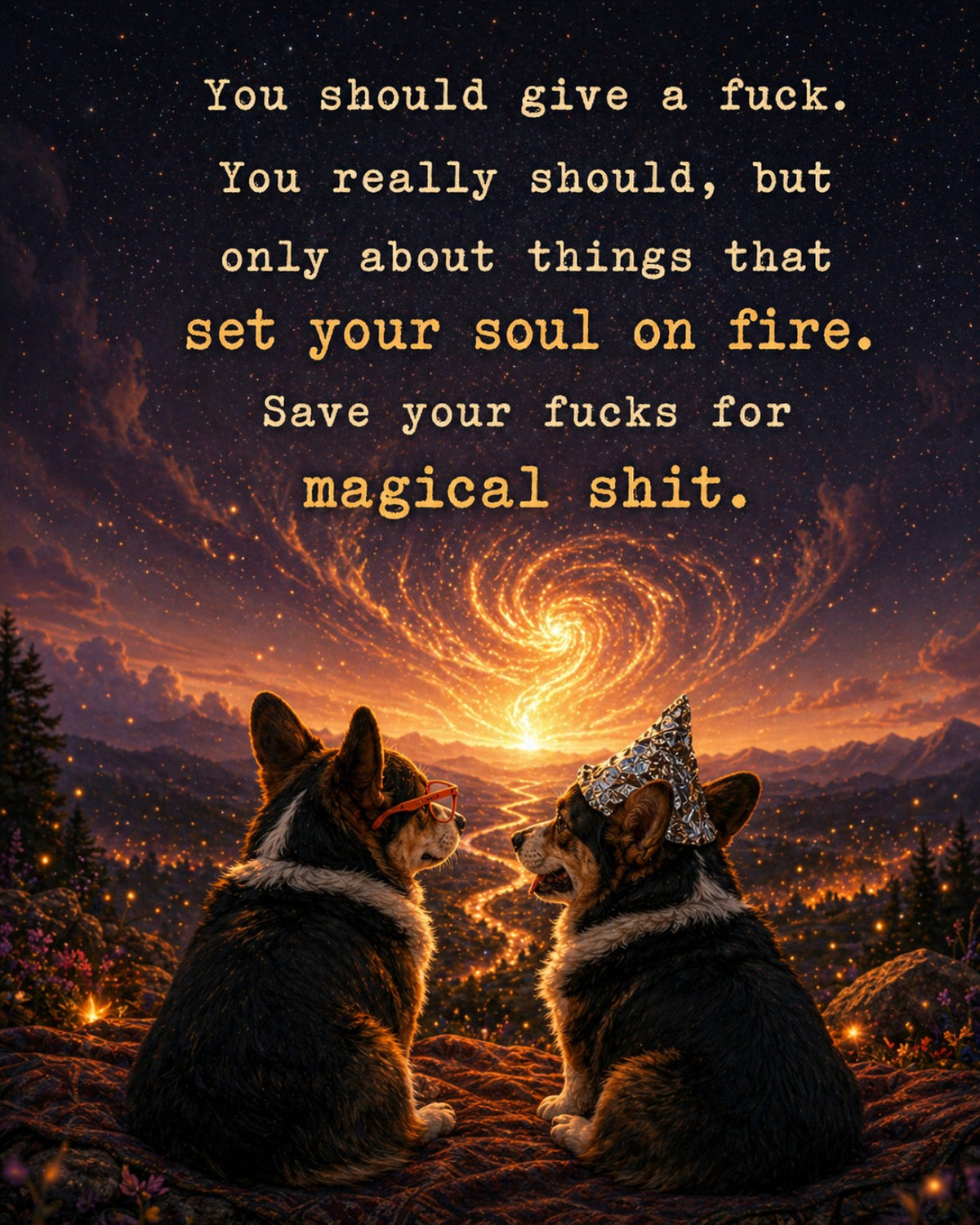 Corgi wall art print: "You should give a fuck… but only about things that set your soul on fire. Save your fucks for…"