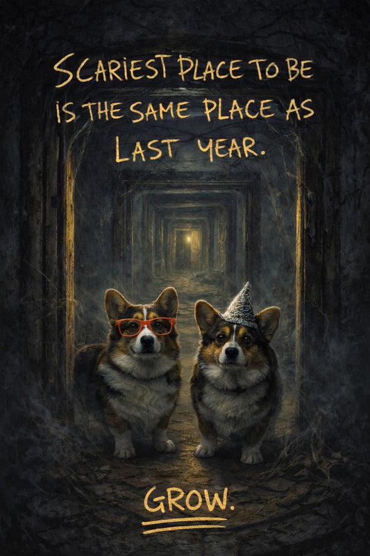 Corgi wall art print: "Scariest place to be is the same place as last year. GROW."