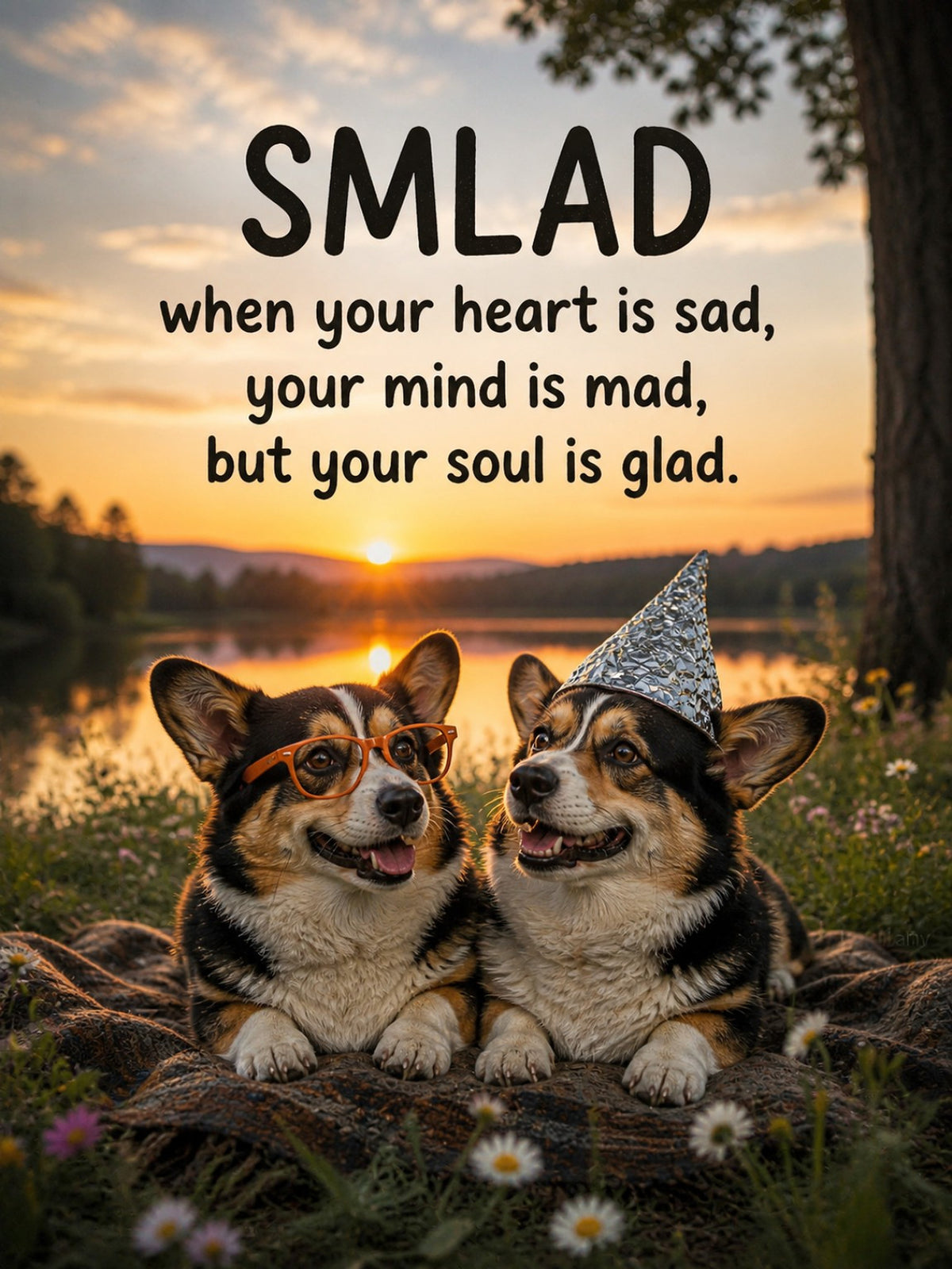 Corgi wall art print: "SMLAD — when your heart is sad, your mind is mad, but your soul is glad."