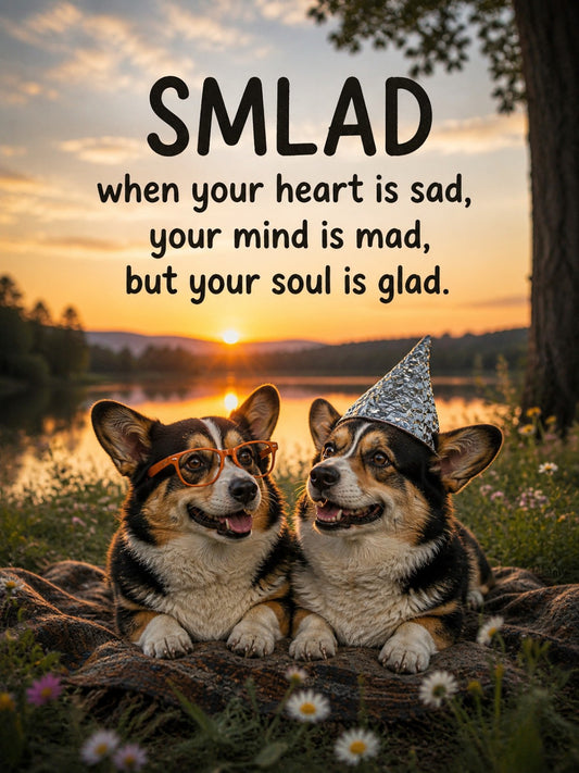 Corgi wall art print: "SMLAD — when your heart is sad, your mind is mad, but your soul is glad."