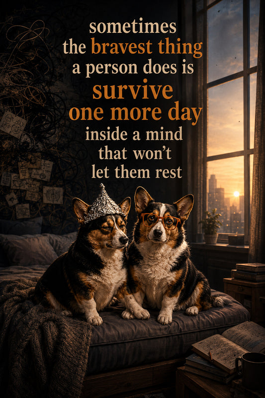 Corgi wall art print: "sometimes the bravest thing a person does is survive one more day inside a mind that won't let them…"