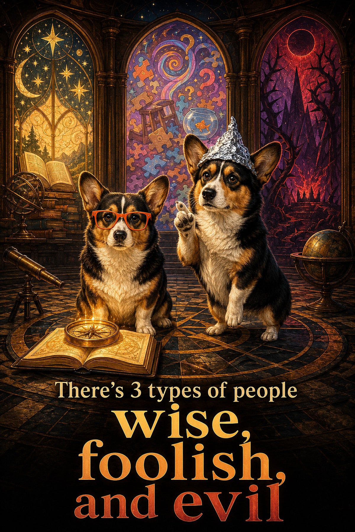 Corgi wall art print: "There's 3 types of people: wise, foolish, and evil"