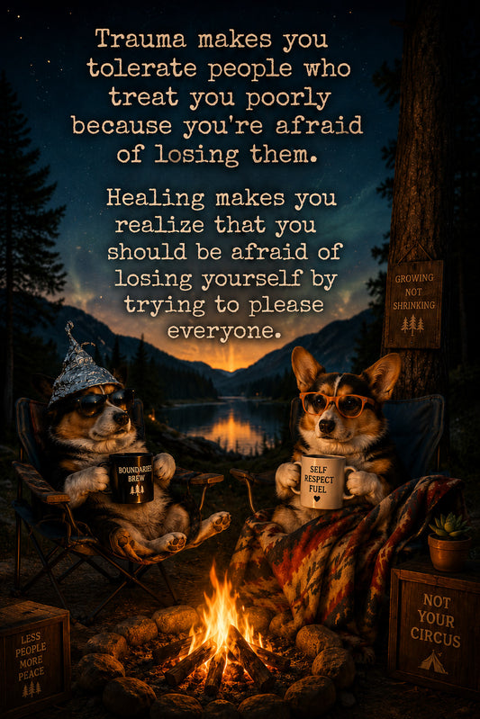 Corgi wall art print: "Trauma makes you tolerate people who treat you poorly… Healing makes you realize you should be…"