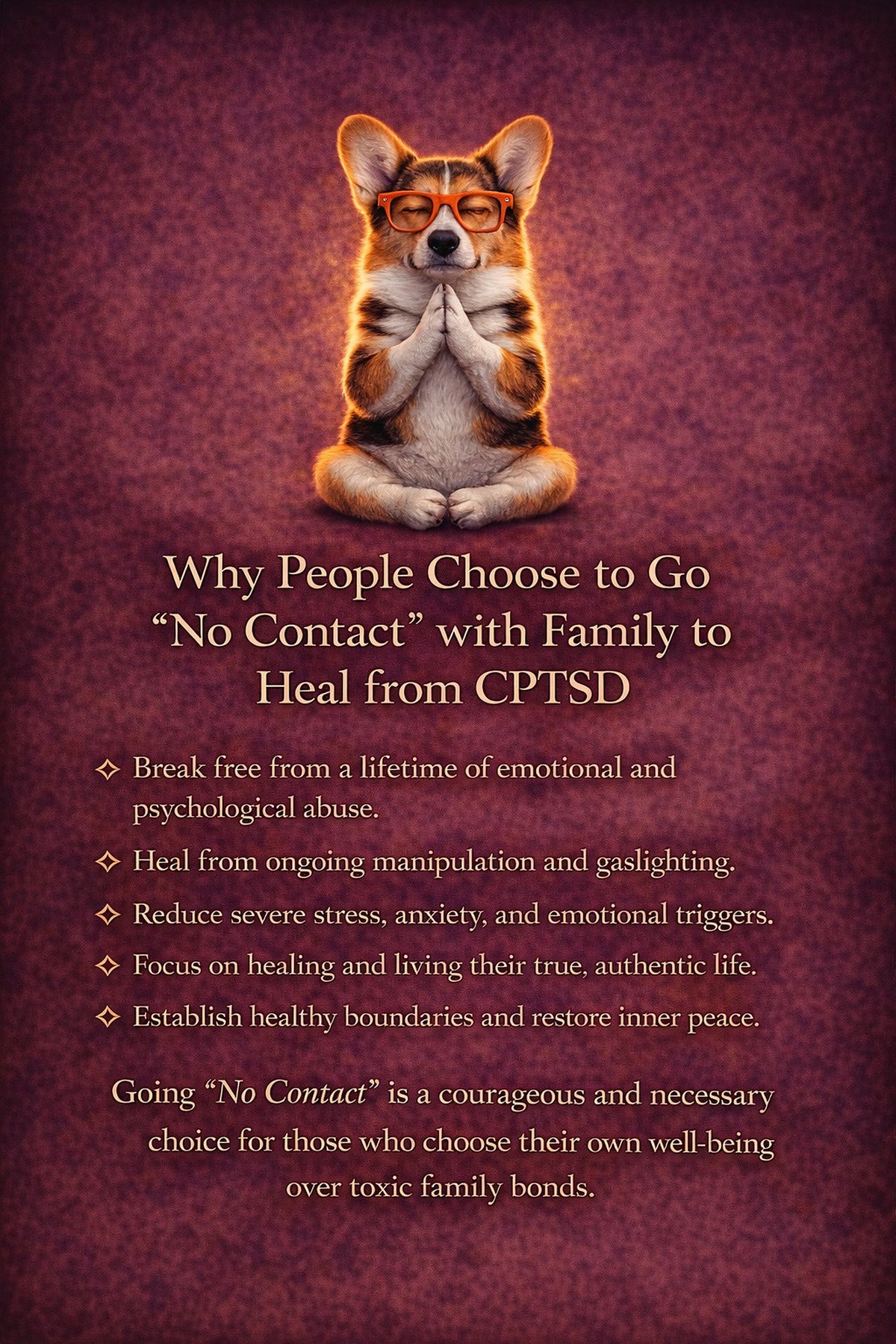 Corgi printable handout: "Why People Choose to Go 'No Contact' with Family to Heal from CPTSD"